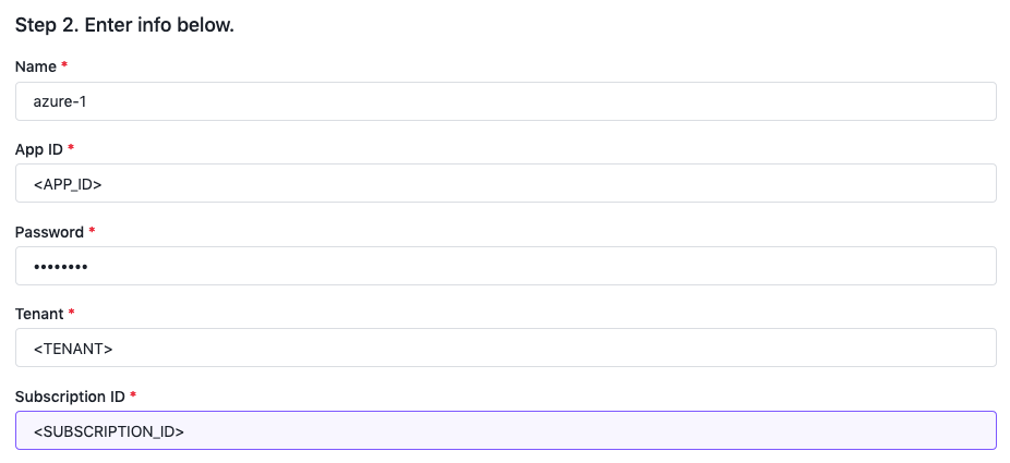 Azure Infrastructure Provider Form with values