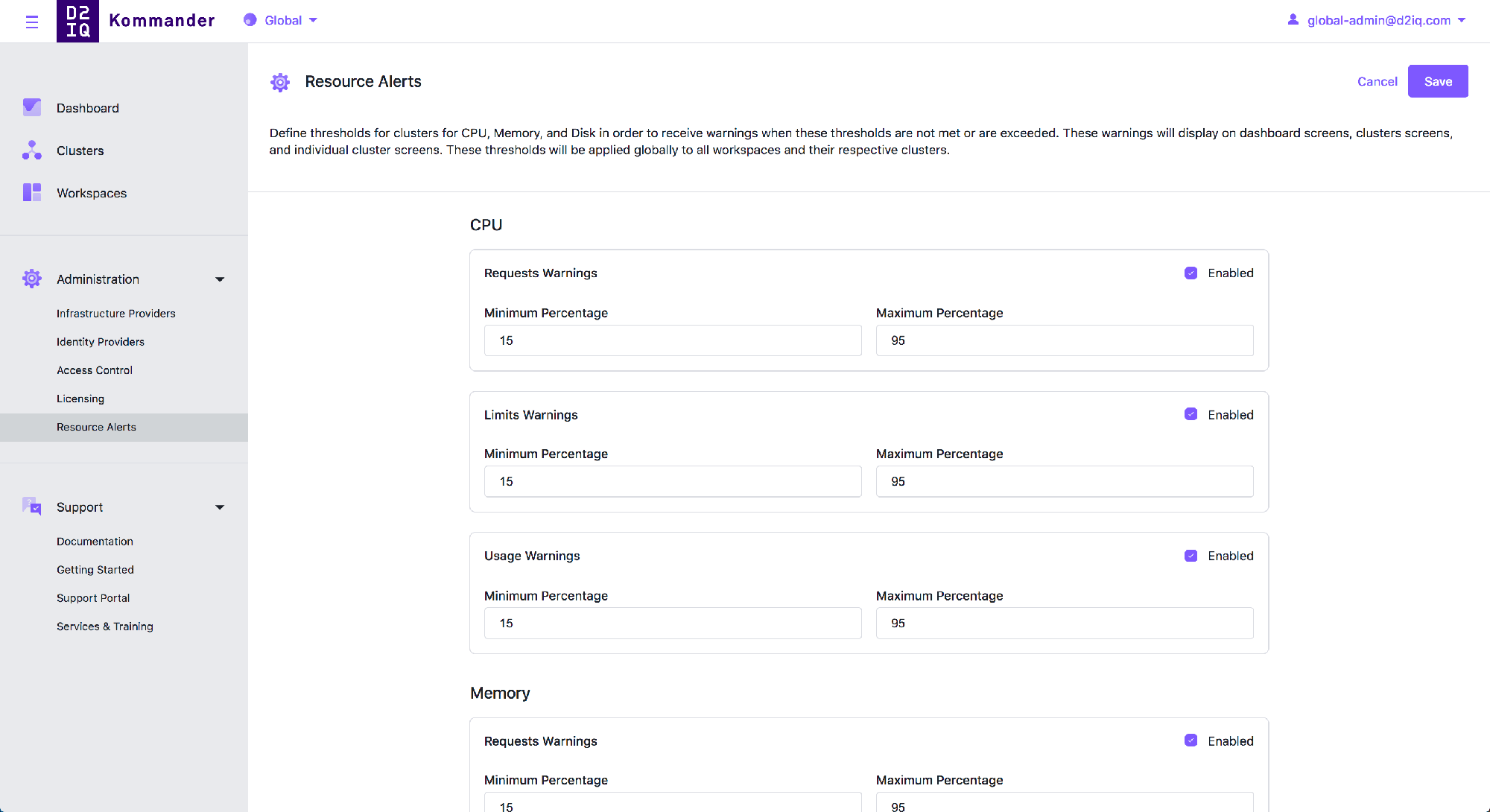 Resource charts in a cluster card