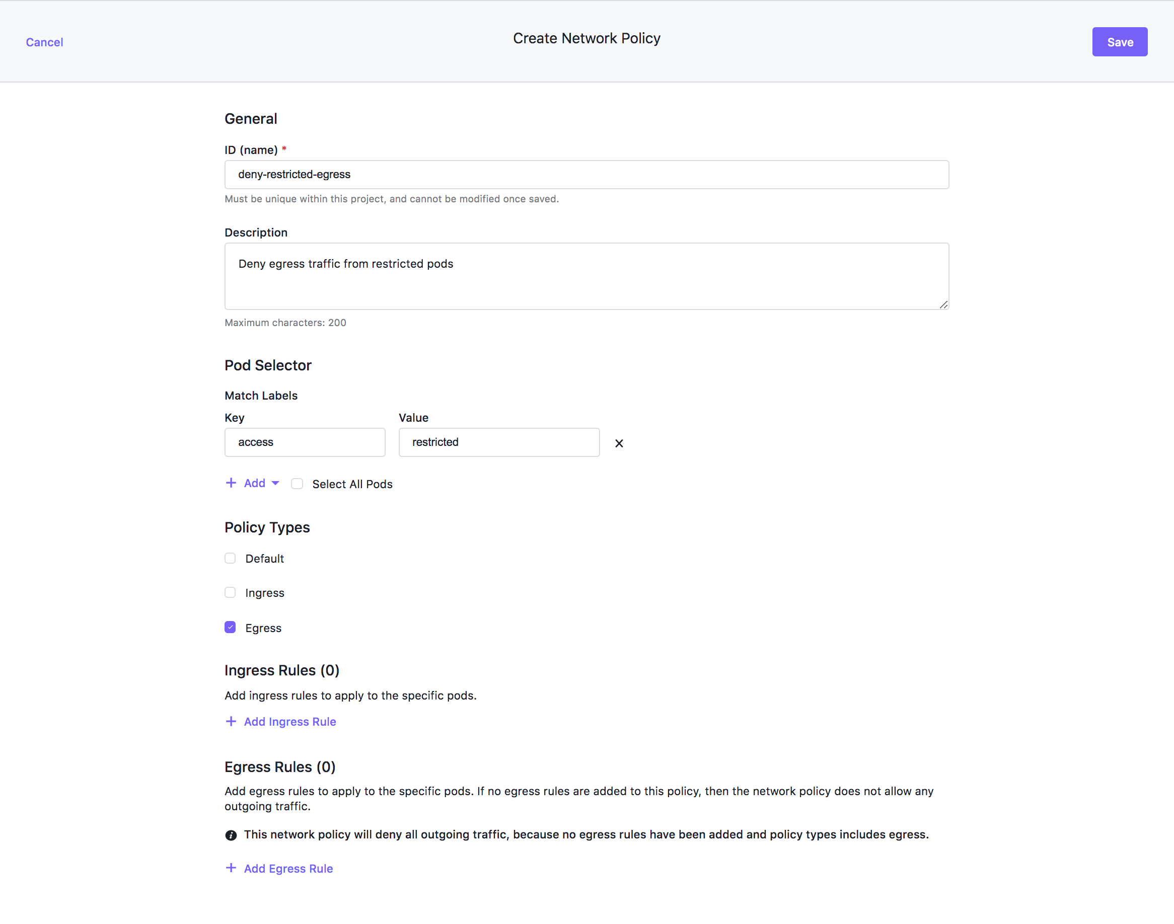 Deny all egress network policy