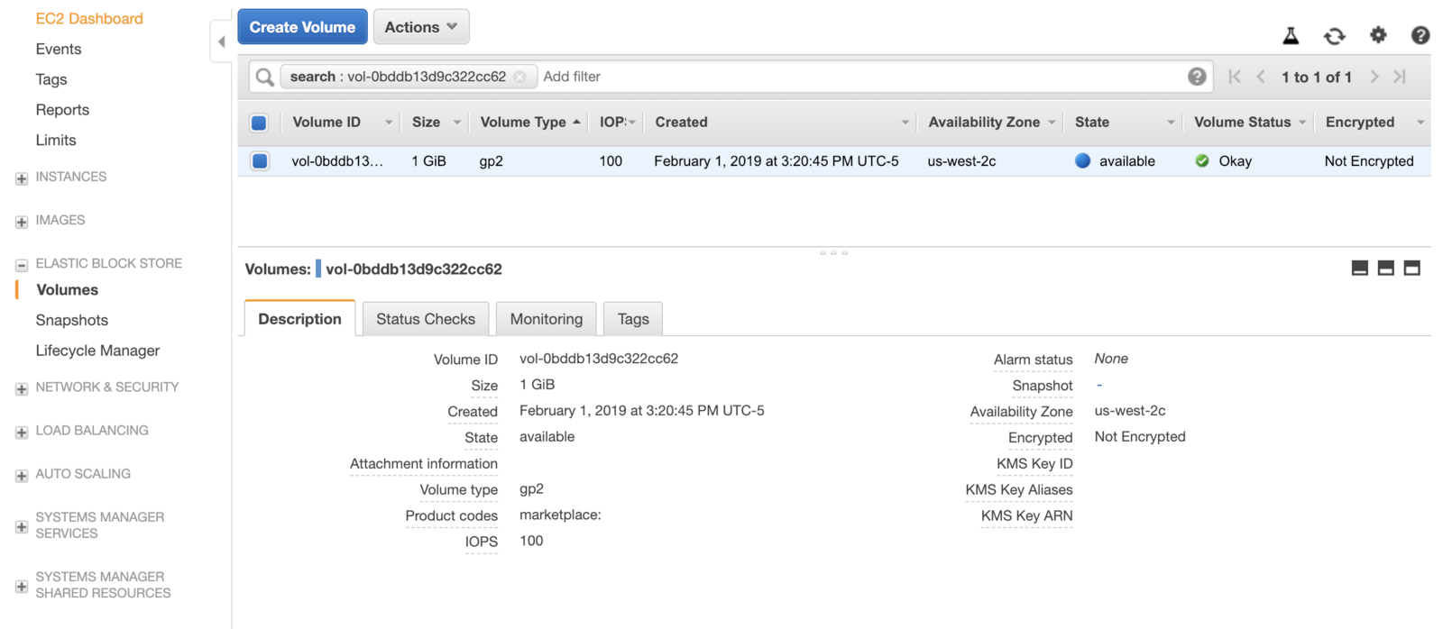 Screenshot of AWS EBS from above still "available".