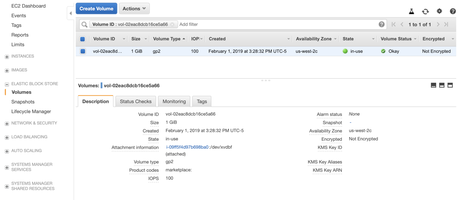 Screenshot of AWS EBS from above in-use.